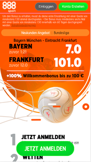 Quotenboost für Bayern München - Eintracht Frankfurt in der 888sport App für Android & iPhone