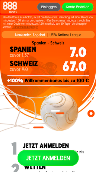 Quotenboost für das Nations League Spiel Spanien - Schweiz in der 888sport App für Android & iPhone