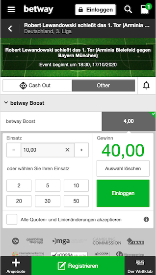 Quotenboost für Robert Lewandowski Tor bei Arminia Bielefeld - Bayern München in der Betway App für Android & iPhone