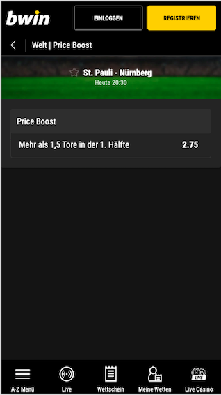Price-Boost für St. Pauli - Nürnberg in der Bwin App für Android & iPhone