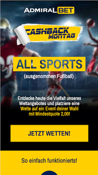 Cashback Montag für Wetten in der Admiralbet App für Android & iPhone