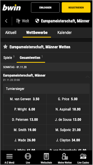 Wetten & Quoten zur Darts Europameisterschaft 2020 in der Bwin App für Android & iPhone