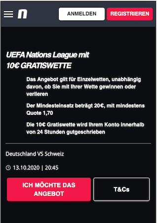 10 Euro Gratiswette bei Deutschland - Schweiz in der Nations League in der Novibet App für Android & iPhone