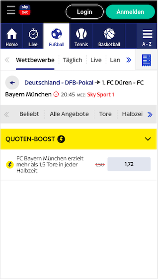 Quotenboost & alle Wetten zu FC Düren - Bayern München in der Sky Bet App für Android & iPhone