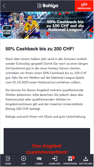 Cashback für die Schweizer Eishockey National League in der Bahigo App für Android & iPhone