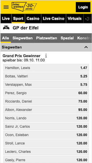 Alle Wetten & Quoten zum Formel 1 Grand Prix der Eifel am Nürburgring in der Interwetten App für Android & iPhone