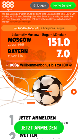 Quotenboost für Lok Moskau - Bayern München in der 888sport App für Android & iPhone