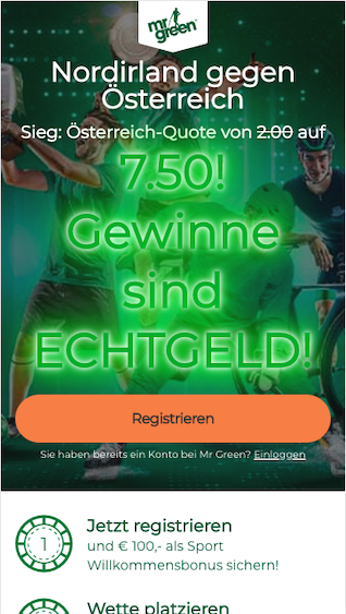 Erhöhte Quote mit Quotenboost bei Nordirland - Österreich in der Mr Green App für Android & iPhone
