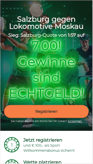 Quotenboost für FC Salzburg - Lokomotive Moskau für die Champions League in der Mr Green App für Android & iPhone