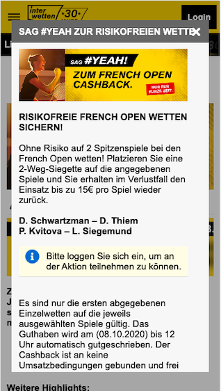 Cashback bei Schwartzmann - Thiem im French Open Viertelfinale 2020 in der Interwetten App für Android & iOS