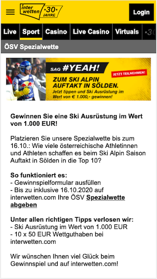 ÖSV Spezialwette mit gratis Wettguthaben bei Ski Alpin in Sölden in der Interwetten App für Android & iPhone