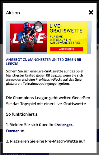Live-Gratiswette für Manchester United - RB Leipzig in der Sky Bet App für Android & iOS