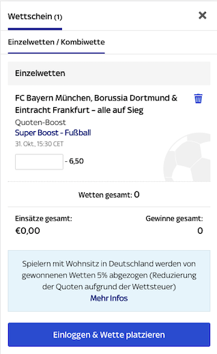 Super-Kombi mit Boost für Bayern München, Borussia Dortmund & Eintracht Frankfurt in der Sky Bet App für Android & iPhone