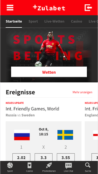 Startseite der Zulabet App für Android & iPhone