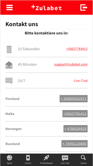Support in der Zulabet Web-App für Android & iPhone