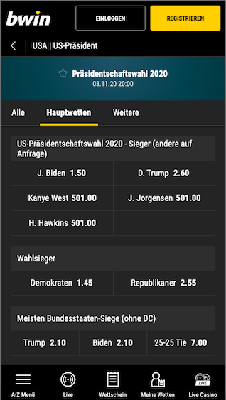 Alle US Wahl 2020 Wettquoten zu Biden und Trump in der Bwin App für Android & iPhone