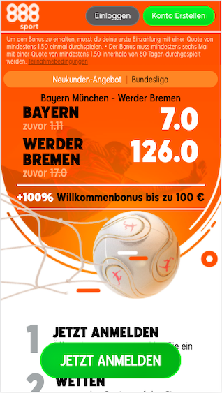 Quotenboost für Bayern München - Werder Bremen in der 888sport App für Android & iPhone