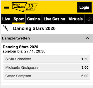 Alle Wetten & Quoten zu Dancing Stars 2020 Finale vom 27.11.2020 in der Interwetten App für Android & iPhone