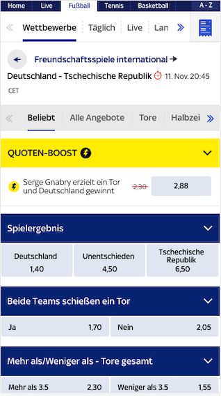Quotenboost für Deutschland Sieg und Gnabry Tor gegen Tschechien in der Sky Bet App für Android & iPhone