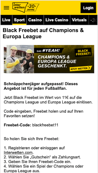 11 Euro Blackfreebet Gratiswette in der Interwetten App für Android & iPhone