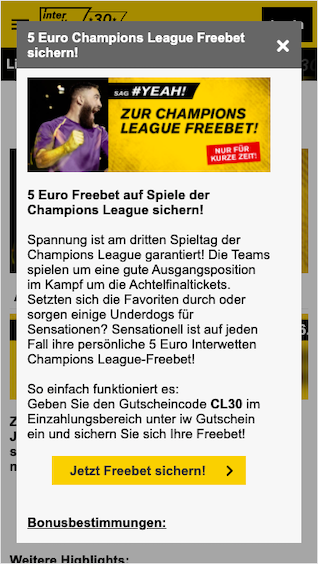 5 Euro Gratiswette für die Champions League am 3. & 4. November 2020 in der Interwetten App für Android & iPhone