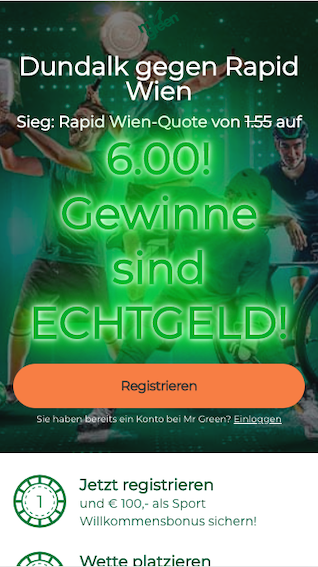 Quotenboost für den Sieg von Rapid Wien bei Dundalk in der Mr Green Wetten App für Android & iPhone
