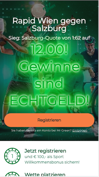 Quotenboost bei Rapid Wien - Red Bull Salzburg in der Mr Green App für Android & iPhone