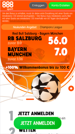 Quotenboost für FC Salzburg gegen Bayern München in der 888sport App für Android & iPhone
