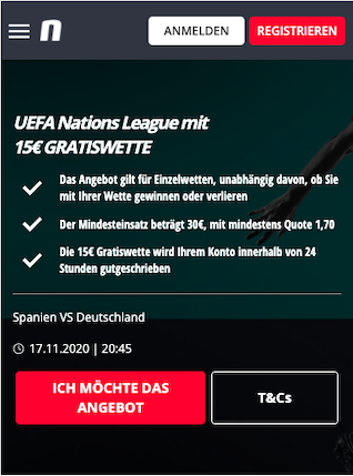 Gratiswette beim Nations League Spiel Spanien - Deutschland in der Novibet App für Android & iPhone sichern
