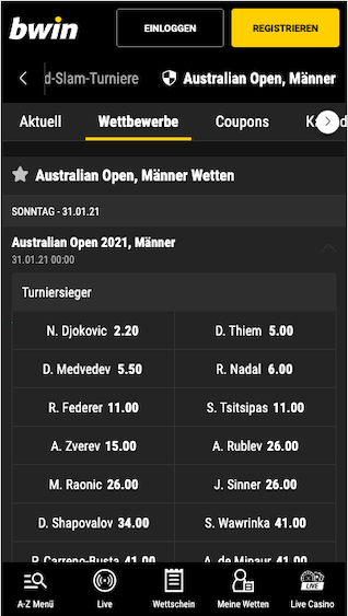 Tennis Australia Open 2021 Wetten & Quoten in der Bwin App für Android & iPhone