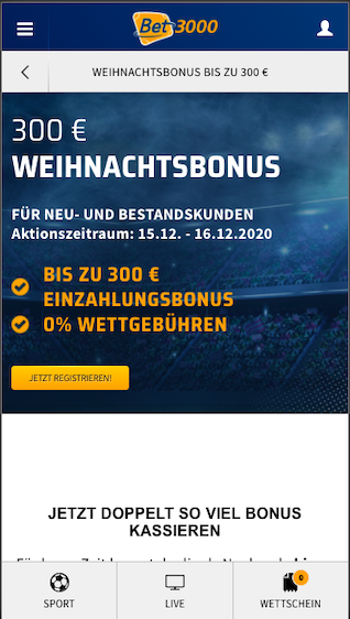 Bis zu 300 Euro Weihnachtsbonus in der Bet3000 App für Android & iPhone