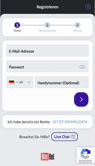 Registrierung in der Bildbet Sportwetten App für Android & iPhone