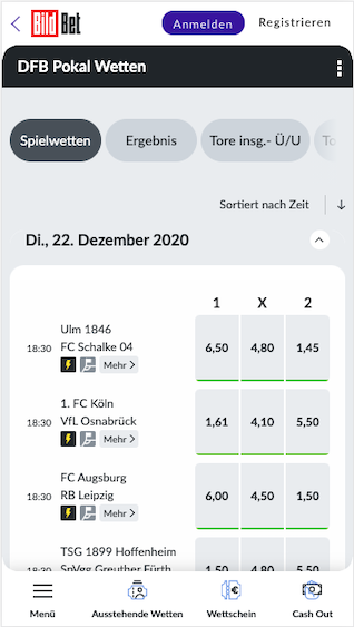 Alle Wetten & Quoten zur 2. Runde im DFB Pokal in der Bildbet App für Android & iPhone