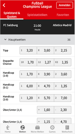 Alle Wetten & Quoten zu FC Salzburg - Atletico Madrid in der Champions League in der Tipico App für Android & iPhone