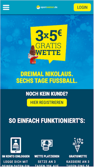 3 Gratiswetten zum Nikolaus in der Sportwetten.de App für Android & iPhone