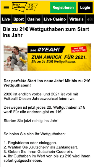 Bis zu 21 Euro Gratiswette zu Jahresbeginn in der Interwetten App für Android & iPhone