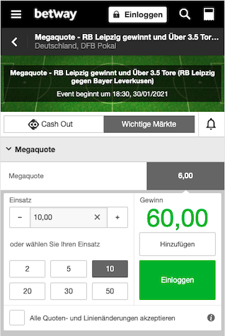 Super-Quote für RB Leipzig gegen Bayer Leverkusen in der Betway App für Android & iPhone