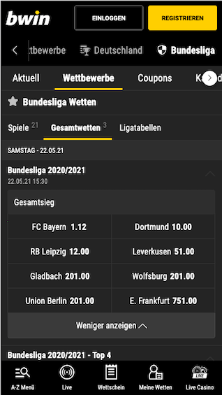 Bundesliga Quoten & Wetten für die Saison 2020/21 in der Bwin Sports App für Android & iPhone