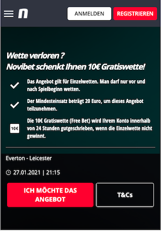 Risikofreie Wette für Everton - Leicester City in der Novibet App für Android & iPhone