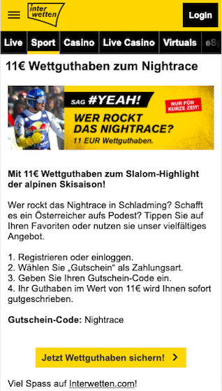 11 Euro Freebet zum Ski Alpin Night Race in Schladming in der Interwetten App für Android & iPhone