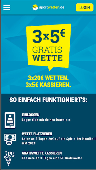 3 Mal 5 Euro Gratiswette zur Handball-WM 2021 in Ägypten in der Sportwetten.de App für Android & iPhone