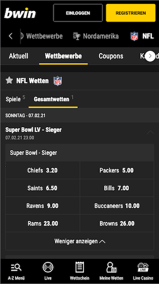 Alle Wetten & Quoten zum Super Bowl 2021 LV in der Bwin App für Android & iPhone