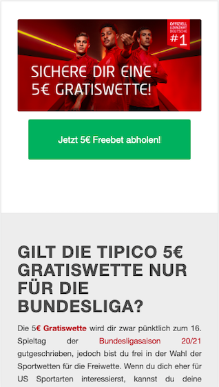5 Euro Gratiswette für getätigte Einzahlungen in der Tipico App für Android & iPhone