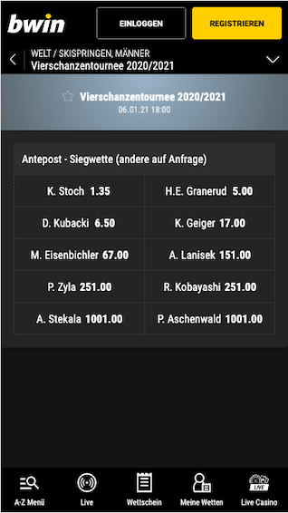 Alle Wetten & Quoten vor dem Finale der Vier-Schanzen-Tournee 2021 in der Bwin App für Android & iPhone