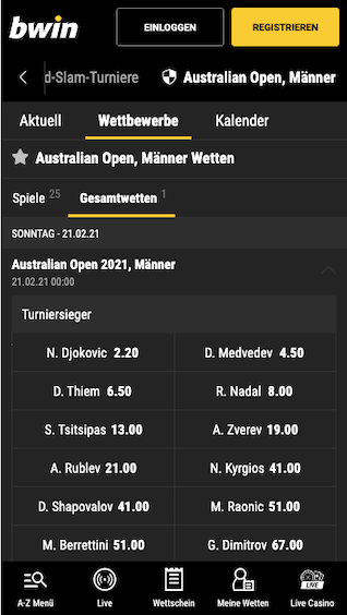 Tennis Australia Open 2021 Wetten & Quoten in der Bwin App für Android & iPhone
