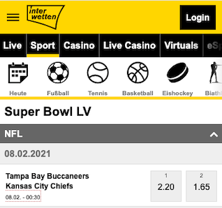 Alle Quoten zu Tampa Bay Buccaneers - Kansas City Chiefs in der Interwetten App
