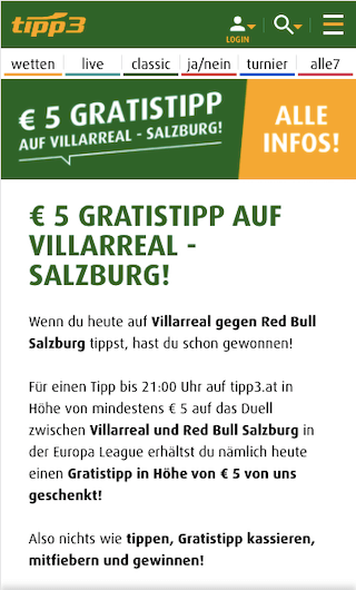 5 Euro Gratiswette für das Rückspiel zwischen Villareal und RB Salzburg in der Tipp3 App für Android & iPhone