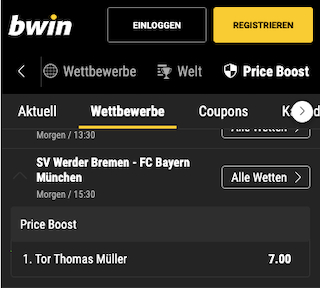 Quotenboost für ein Tor von Thomas Müller bei Werder Bremen - Bayern München in der Bwin App für Android & iPhone