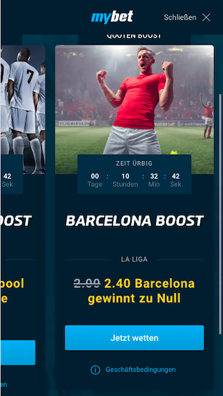 Quotenboost für den FC Barcelona gegen SD Huesca mit der Mybet App für Android & iPhone