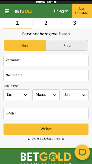 Registrierung in der Betgold App für Android & iPhone